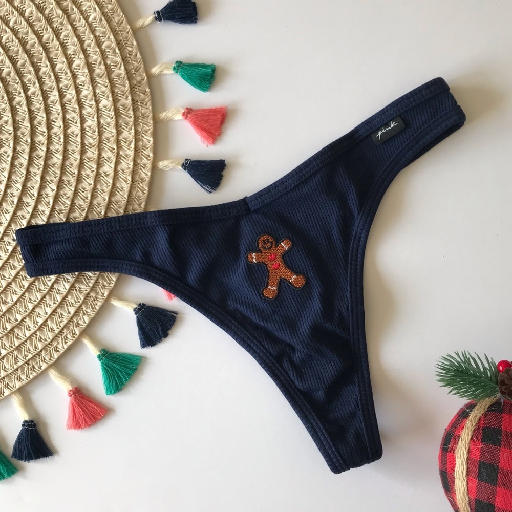Victoria's Secret PINK Cotton Thong Panty Gingerbread Man Embroidered Medium NEW